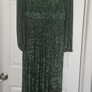 Xscape Green Sequin Maxi Gown with Bishop Sleeves